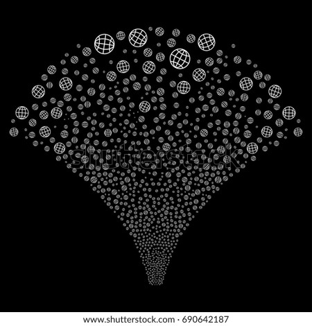 Source stream of globe symbols. Vector illustration style is flat white iconic symbols on a black background. Object stream combined from confetti icons.