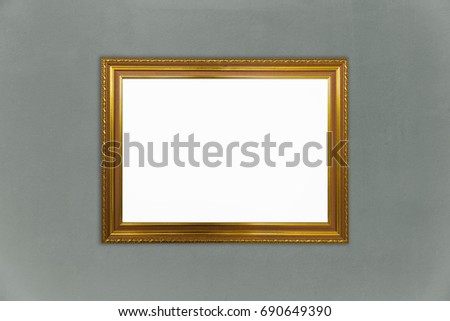 Blank golden vintage photo frames collage on gray cement wall, interior mock up, blank photo frames and texture for add text or graphic design, interior concept design