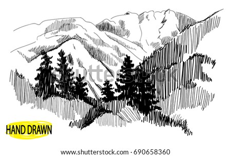 Mountain landscape with trees. Pines in the mountains. Drawing by hand in vintage style.