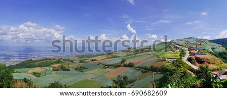 The panoramic scenery of the hilltribe village with the cabbage fields with the background of blue sky. Phu Tub Burg, Phetchabun province, Thailand