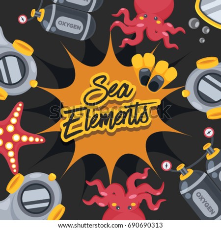 Sea Elements with Black Background : Vector Illustration