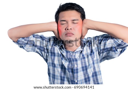 young man holding her head in pain. photo with red as a symbol for the hardening. isolated on white background.