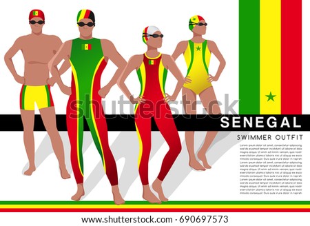 Senegal : Male and Female Swimmers : Swimmers in National Swimsuits : Vector Illustration