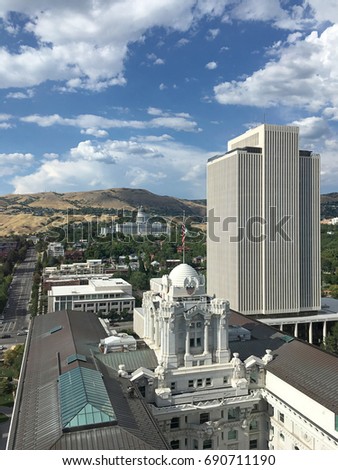 Salt lake city skyline with State capitol and Lds church office buildings