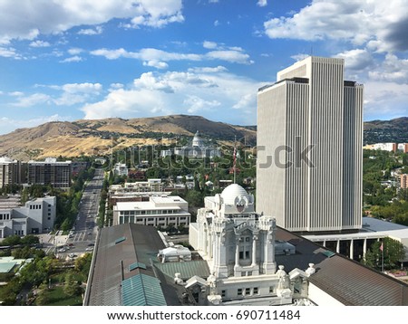 Salt Lake City skyline with State Capitol and LDS office buildings