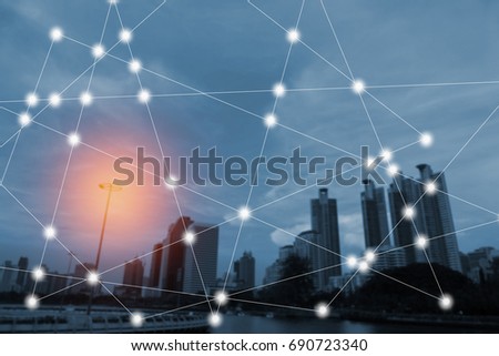 modern and wireless sensor network, sensor node and connecting line, ICT (information communication technology), internet of things, abstract image visual, high voltage towers background.