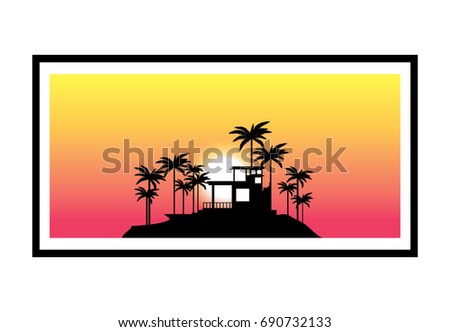 tropical island, palms and villa vector illustration
house silhouette over sunset sky