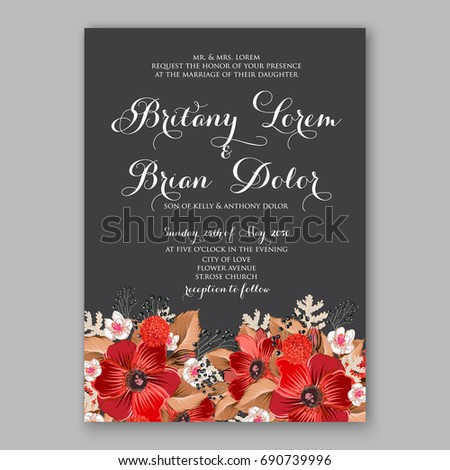 Anemone, Rose Wedding Invitation card template Floral Bridal Shower Invitation 