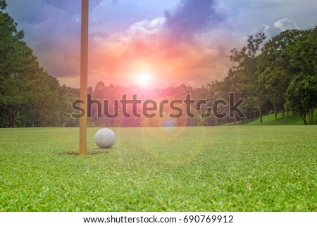Golf ball on green golf on beautiful fairway in golf course and blurred trees on sunset 