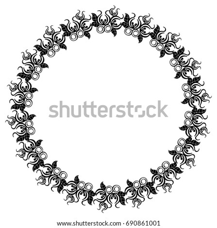 Black and white silhouette round frame with decorative flowers. Raster clip art