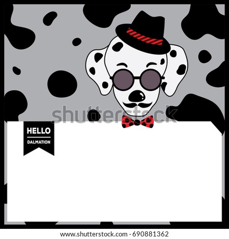 Portrait of dalmatian dog having mustache put on hipster hat and sunglasses with bow tie design for background template.