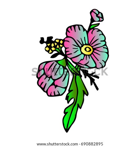  Flower vector illustration. Illustration hand drawn botanical design element. Sketched flowers with texture. Cute collection of floral elements. Doodle design flowers. Branch with flowers background.