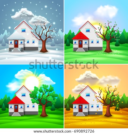 House and nature four seasons photo-realistic vector illustration