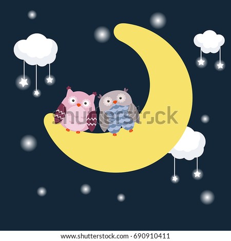 Illustration with cartoon owls sitting on the moon.