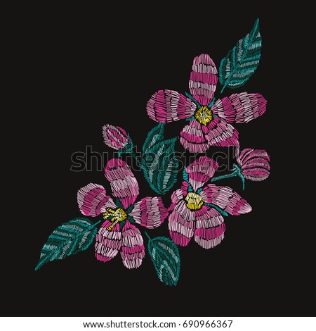 Elegant bouquet with cherry blossom flowers, design element. Can be used for decorations, fabrics, manufacturing, cards, invitations. Embroidery style. Editable