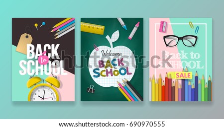 Back to school banner design set with lettering and school supplies. Realistic vector illustration Royalty-Free Stock Photo #690970555