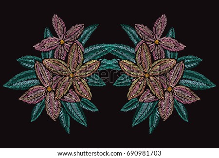 Elegant hand drawn decoration with plumeria flowers in embroidery style, design element. Can be used for fashion ornaments, fabrics, manufacturing, clothing design. Editable