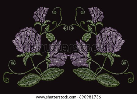 Elegant hand drawn decoration with sweet pea flowers in embroidery style, design element. Can be used for fashion ornaments, fabrics, manufacturing, clothing design. Editable
