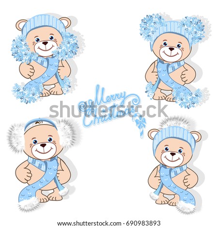 Teddy bear in a knitted hat with a bubo. Colored Vector illustration. Set.