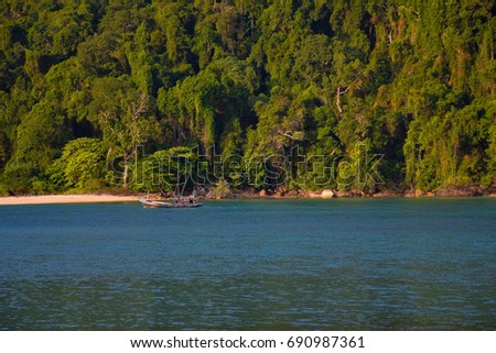 Native Boat on the green ocean sea and green hill, Ko Surin, Phangnga, Southern of Thailand, Andaman sea, blue sky
