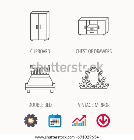 Double bed, vintage mirror and cupboard icons. Chest of drawers linear sign. Calendar, Graph chart and Cogwheel signs. Download colored web icon. Vector