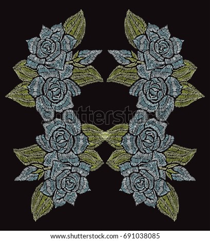 Elegant hand drawn decoration with gardenia flowers in embroidery style, design element. Can be used for fashion ornaments, fabrics, manufacturing, clothing design.