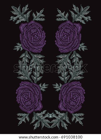 Elegant hand drawn decoration with ranunculus flowers in embroidery style, design element. Can be used for fashion ornaments, fabrics, manufacturing, clothing design.