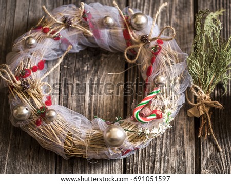 Christmas wreath on wooden background ,Christmas holidays concept