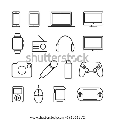 Vector image of set of devices and electronics line icons.