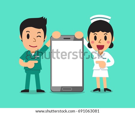Cartoon male nurse and female nurse with big smartphone
