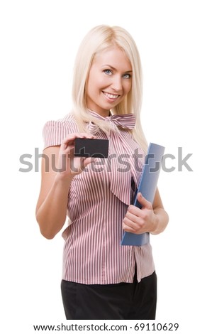 Businesswoman showing and handing a blank business card.