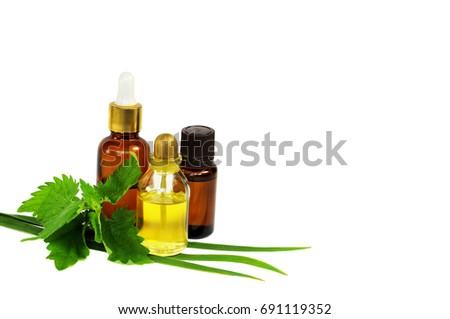 Natural organic oil isolated on white background. Oil in transparent and brown glass with leaves of pepper mint and iris. Studio isolated shot