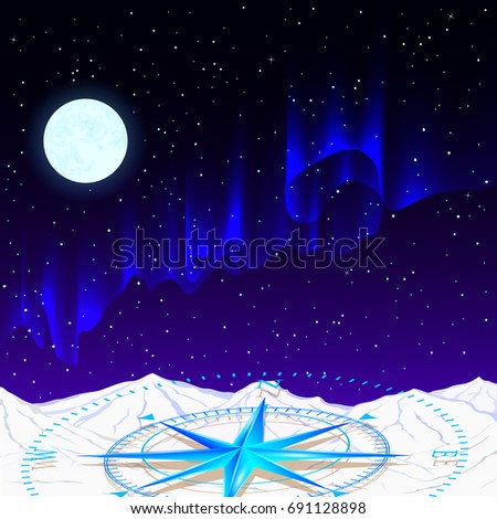 A glowing blue compass against the background of the starry sky, the northern lights and mountains