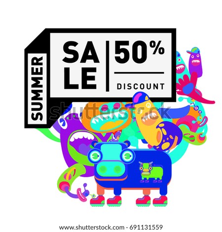 Summer sale colorful style banner and Poster. Toys, music, lifestyle and hobby event with discount poster. Vector Abstract colorful cartoon doodle illustration with special offer and promotion.
