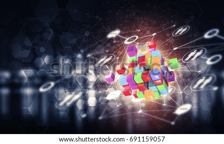 Conceptual background image with cube figure and social connection lines. Mixed media