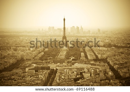 Parisian skyline with Eiffel Tower (Tour Eiffel) - Sepia toned image