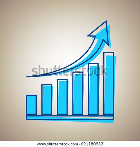 Growing graph sign. Vector. Sky blue icon with defected blue contour on beige background.