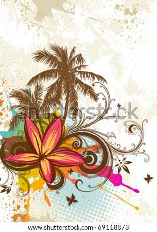 Vector palms, tropical flowers