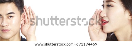 young asian woman speaking to asian man, isolated on white background.