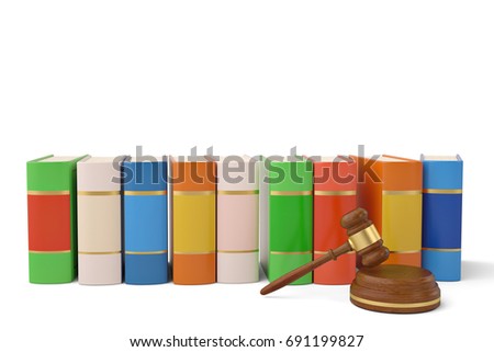 Auction hammer and books on white background.3D illustration.