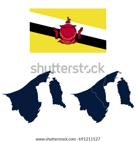 Navy Blue Brunei Map and Flag isolated on white background. Vector illustration eps 10.