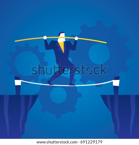 Business illustration concept of risky business. Business man walking on a rope