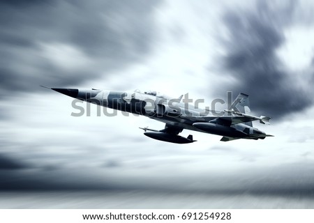 Picture of awesome jet fighter flying in the storm cloud with blur motion 