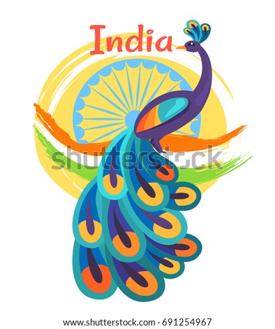 Independence Day holiday poster with Indian national flag, wheel silhouette and colorful peacock with thick tail vector illustration.