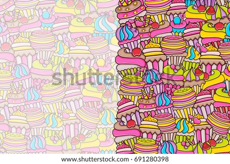 Cupcake cartoon doodle design. Cute background concept for birthday or party greeting card,  advertisement, banner, flyer, brochure. Hand drawn vector illustration. 