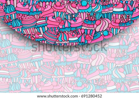Cupcake cartoon doodle design. Cute background concept for birthday or party greeting card,  advertisement, banner, flyer, brochure. Hand drawn vector illustration.  Pink and blue color.