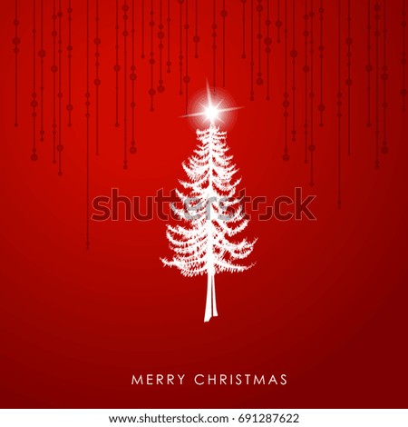 Christmas illustration greeting card template with pine Christmas tree and star at the top on red background.