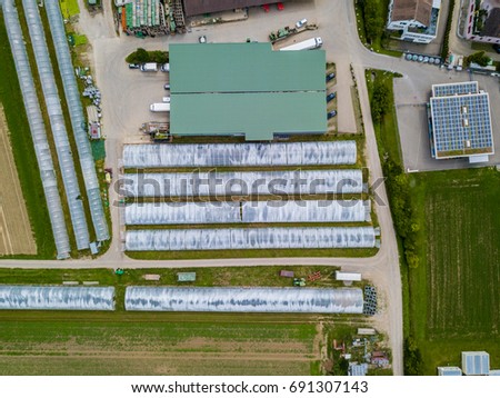 Aerial view of greenhouses