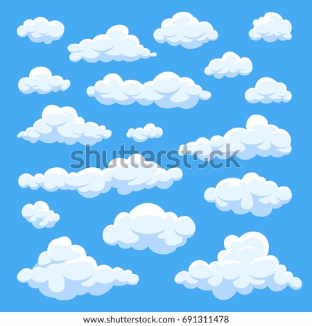 Cartoon clouds isolated on blue sky panorama vector collection. Cloudscape in blue sky, white cloud illustration Royalty-Free Stock Photo #691311478