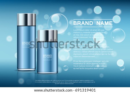 A beautiful templates for cosmetic ads, realistic 3d blue bottles for moisturizing cream on a light blue shiny background with water bubbles